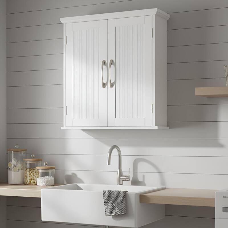 Teamson Home Removable Wall Cabinet with Beadboard Doors & Adjustable Shelf, White Storage for Bathroom, Kitchen or Laundry Room