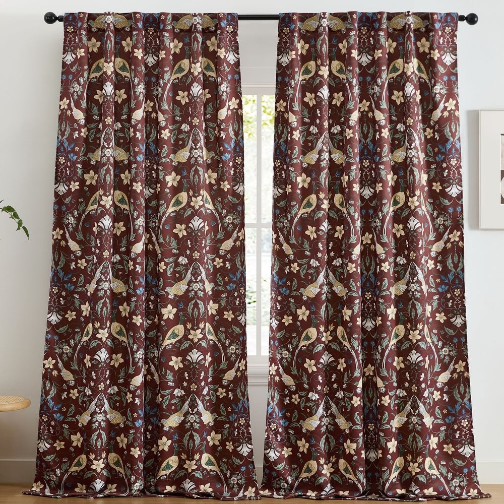 HLC.ME Florence Floral & Birds Window Back Tab Rod Pocket Curtains - Light Blocking Darkening Window Panels, Set of 2