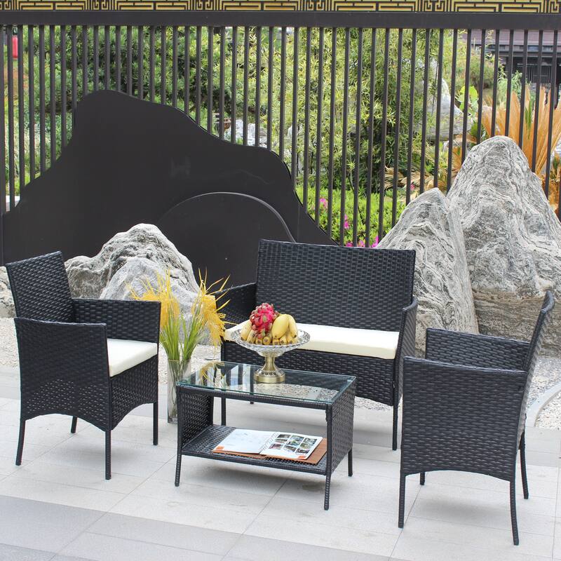 Beige Comfortable 4 Pieces Rattan Patio Furniture Set with Water and UV Resistance