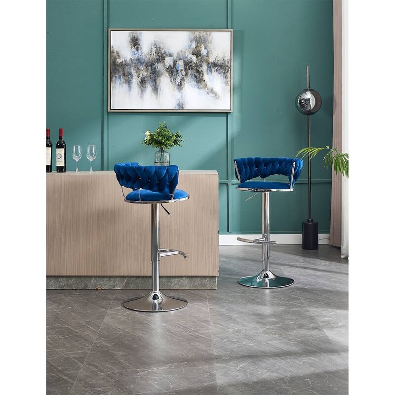 Set of 2 Adjustable Swivel Bar Stools, Blue Velvet with Chrome Footrest & Chrome Legs