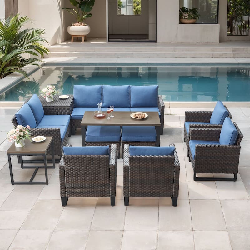 Gymojoy All-Weather Wicker Outdoor Patio Conversation Set Seating Group With Lounge Chairs And 52" Table - Brown Wicker / Blue Cusion - 11-Piece