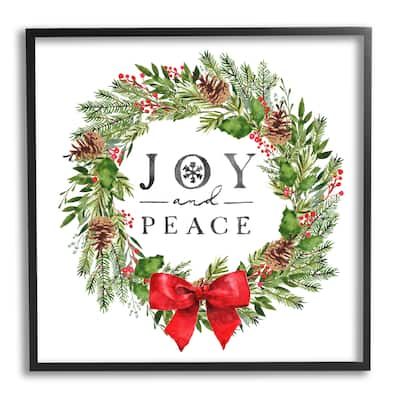 Stupell Joy and Peace Holiday Phrase Winter Pine Wreath Framed Wall Art - Green