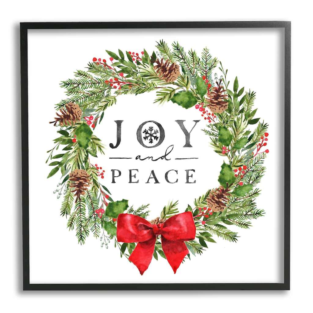 Stupell Joy and Peace Holiday Phrase Winter Pine Wreath Framed Wall Art - Green
