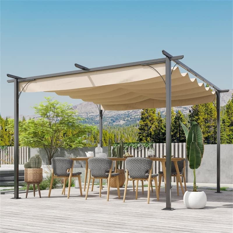 9.8' x 9.8' Outdoor Retractable Canopy Gazebo with Steel Frame for Backyard and Garden - 9.8' L x 9.8' W x 7.5' H
