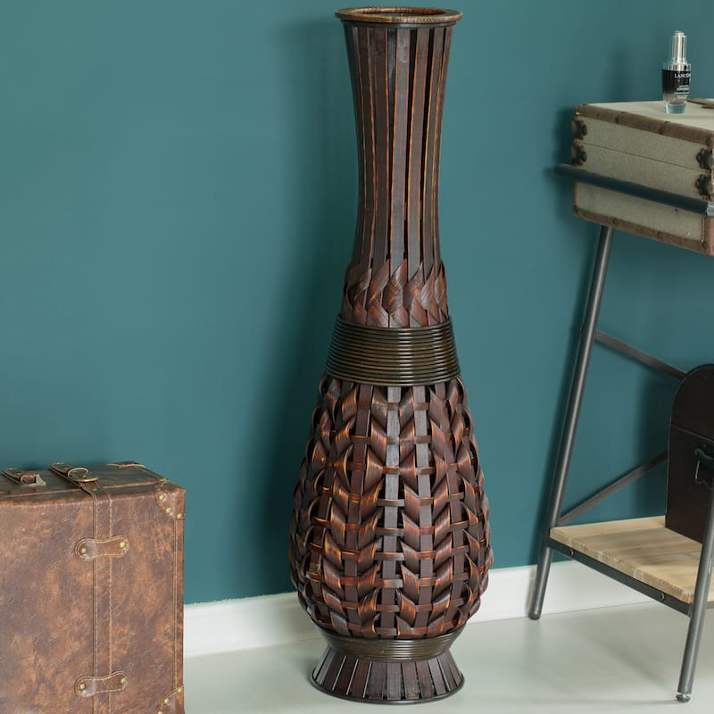 Antique Trumpet Style Brown Bamboo Floor Vase - 36-inch-Tall Decorative Vase for Entryway or Living Room, Vintage-Inspired Decor