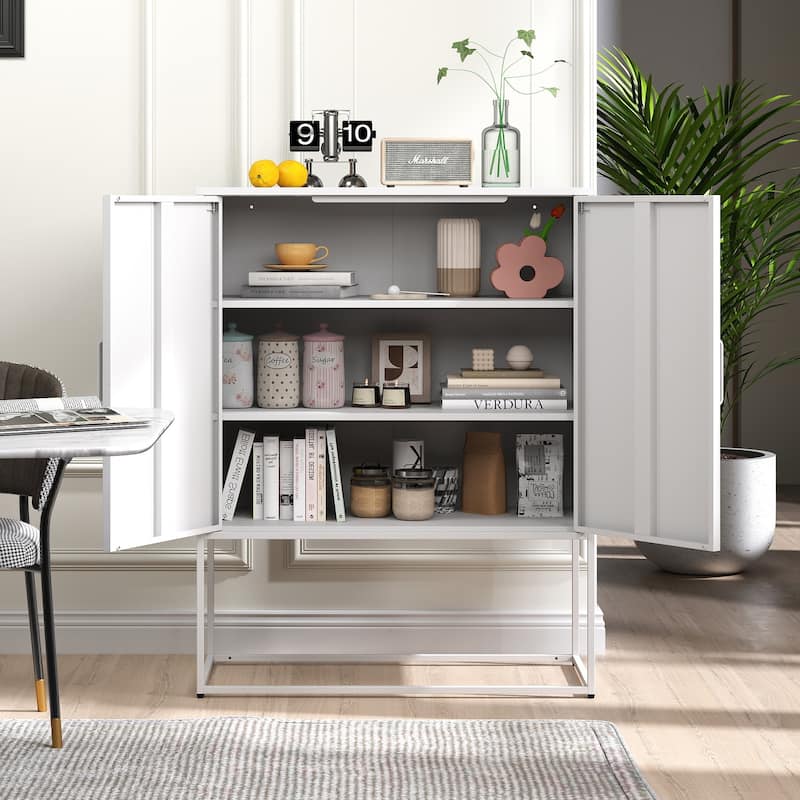 Heavy Duty Metal Buffet Sideboard Modern Steel Storage Cabinet with 2 Shelves, Free Standing
