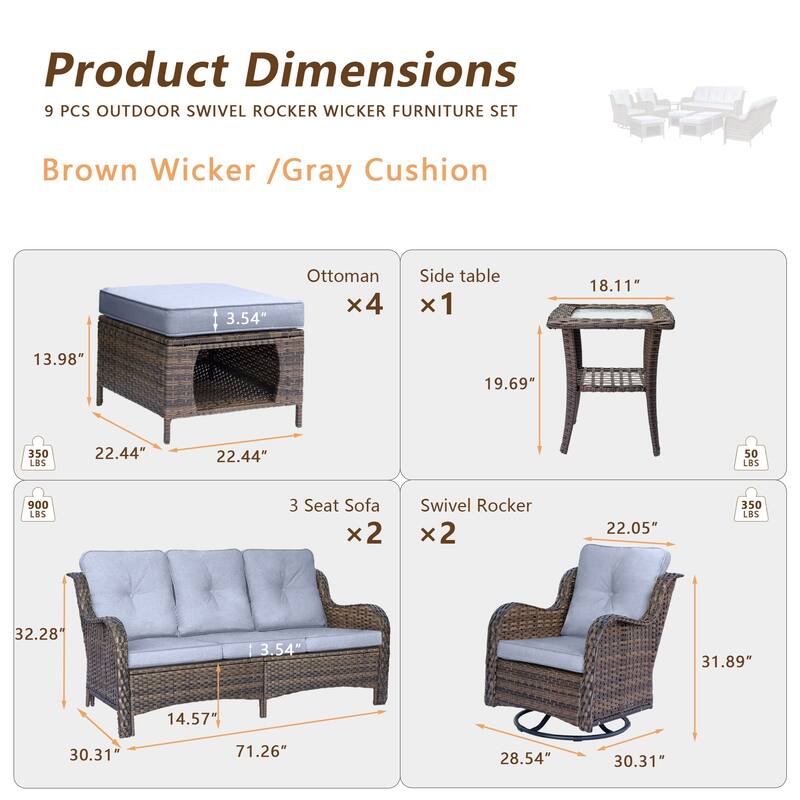 9 Piece Outdoor Wicker Patio Conversation Swivel Chairs Furniture Sets