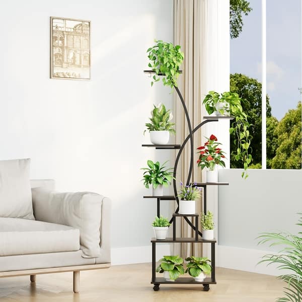 EROMMY Tall Rolling Plant Stand with Grow Lights, 8-Tier Indoor Corner Metal Plant Shelf with Wheels for Small Spaces - Walnut