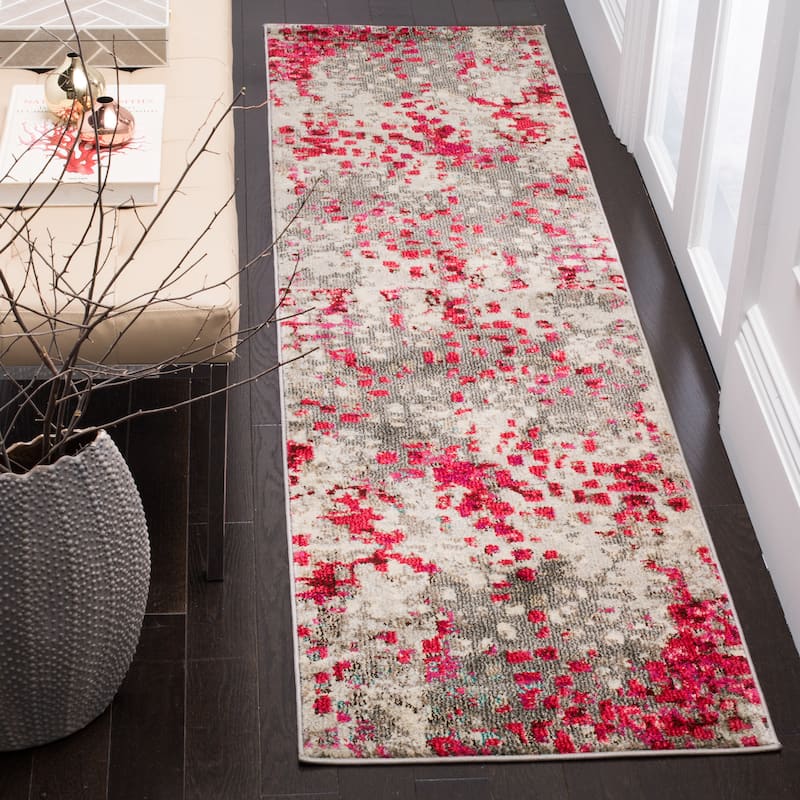 SAFAVIEH Monaco Panna Boho Abstract Modern Watercolor Area Rug - 2'2" x 8' Runner - Grey/Fuchsia