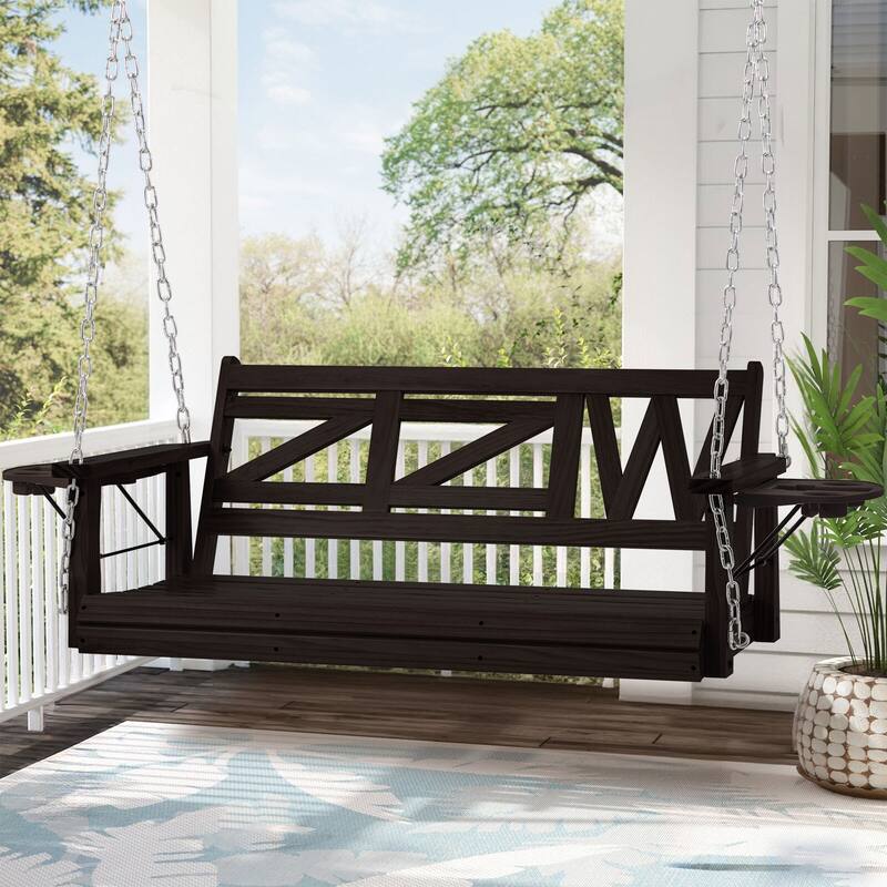 2 or 3-person Wood Porch Swing Heavy Duty with Foldable Tray
