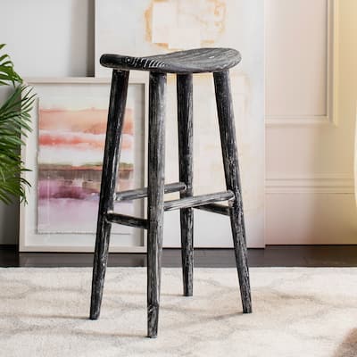 SAFAVIEH Eulalie 30.7 Inch Wood Black / White Washed Bar Stool - 17.7" x 11" x 30.7" - 18Wx11Dx31H