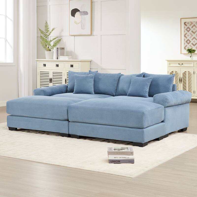 Sectional Couch with 2 Movable Ottomans, 92" Corduroy Couches for Living Room, Upholstered Sofa Couch with Deep Seat for Bedroom