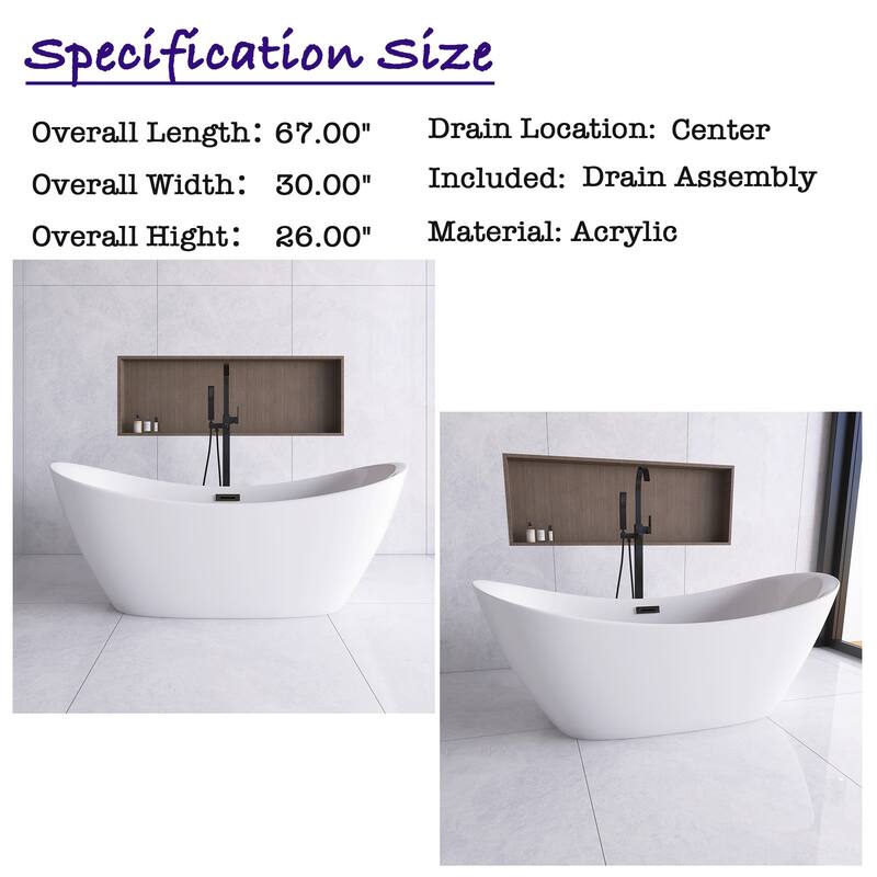 67 in. x 30 in. Acrylic Freestanding Flatbottom Soaking Bathtub in Glossy White
