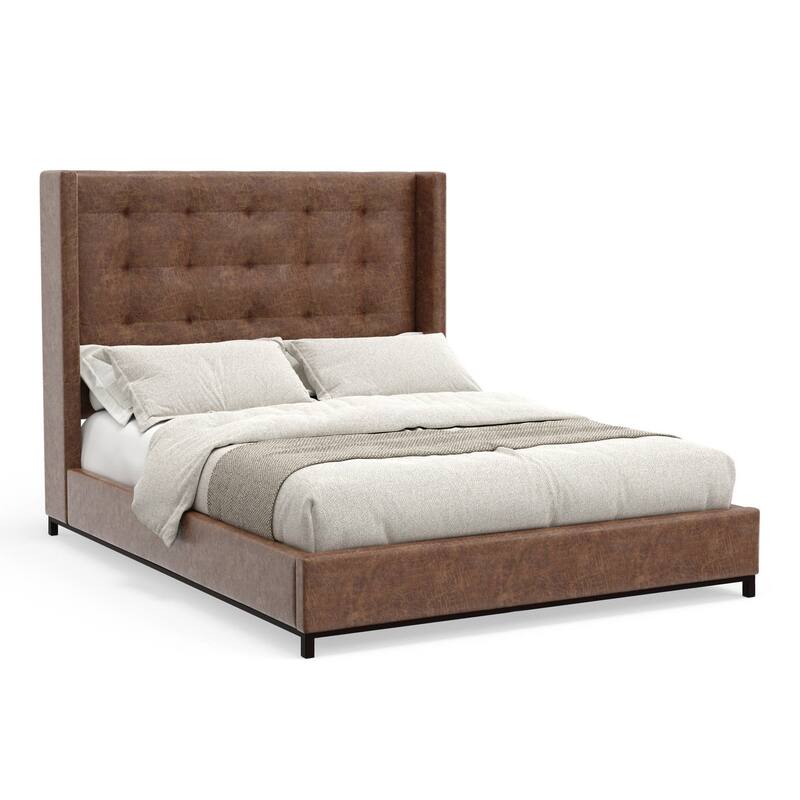 Tufted Wingback Bed - Faux Suede Platform Bed with Slats - Brown & Black