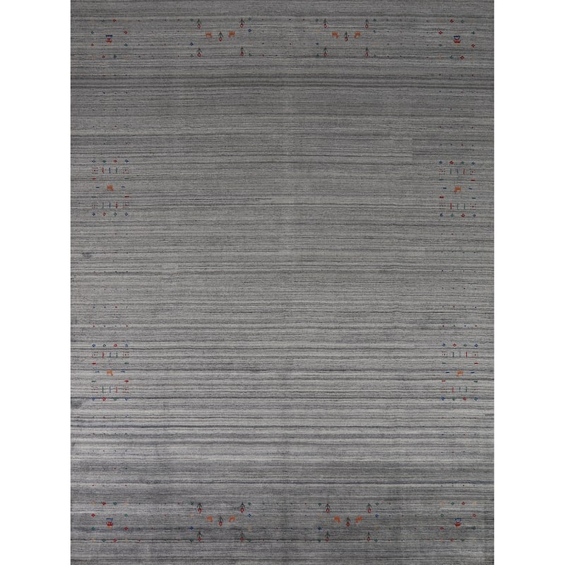 Hand Knotted Oriental 100% Wool Carpet Tribal Stripe Greys & Charcoal Gabbeh Area Rug - 9' 10'' X 8' 1''