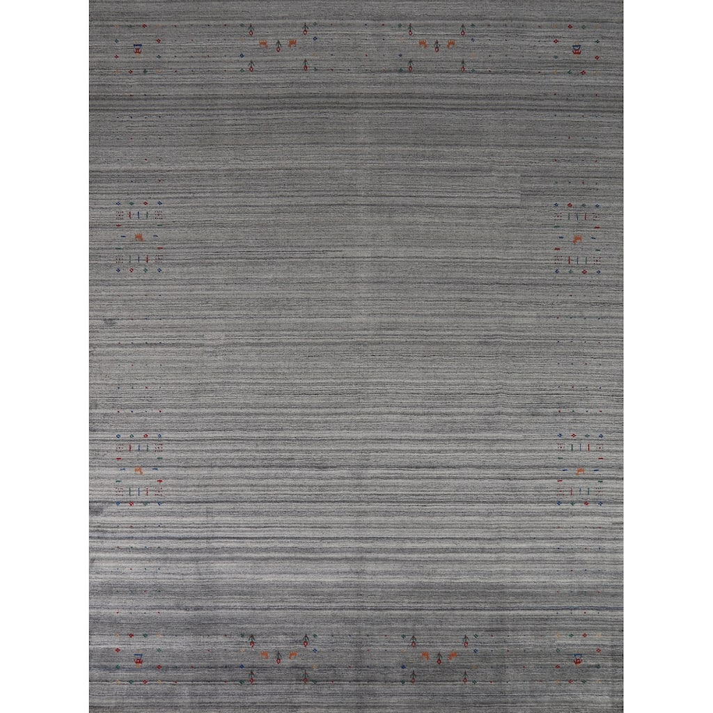Hand Knotted Oriental 100% Wool Carpet Tribal Stripe Greys & Charcoal Gabbeh Area Rug - 9' 10'' X 8' 1''