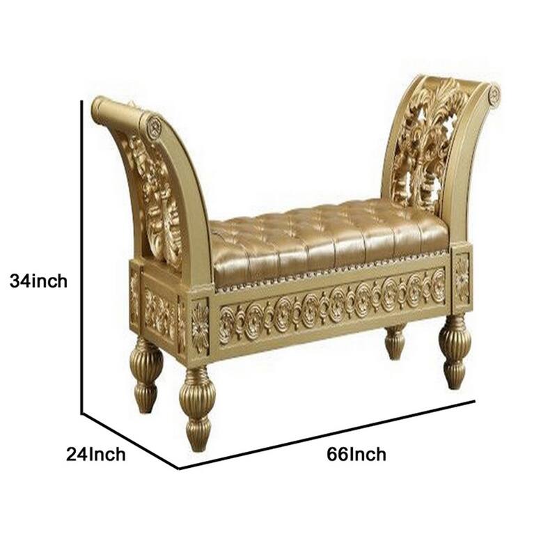 Bench with Button Tufted Seat and Hollow Floral Carving, Gold