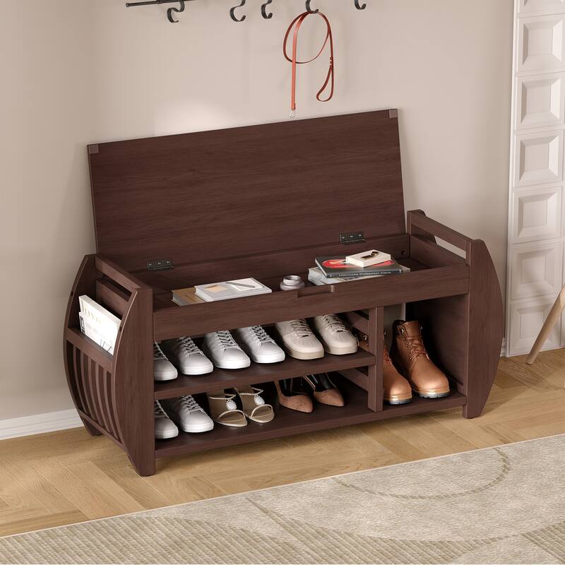 Shoe Bench 2-Tier Storage Bench with Cushion & Curved Side Holder, Wooden Panel Shoe Rack Organizer for Entryway, Living Room