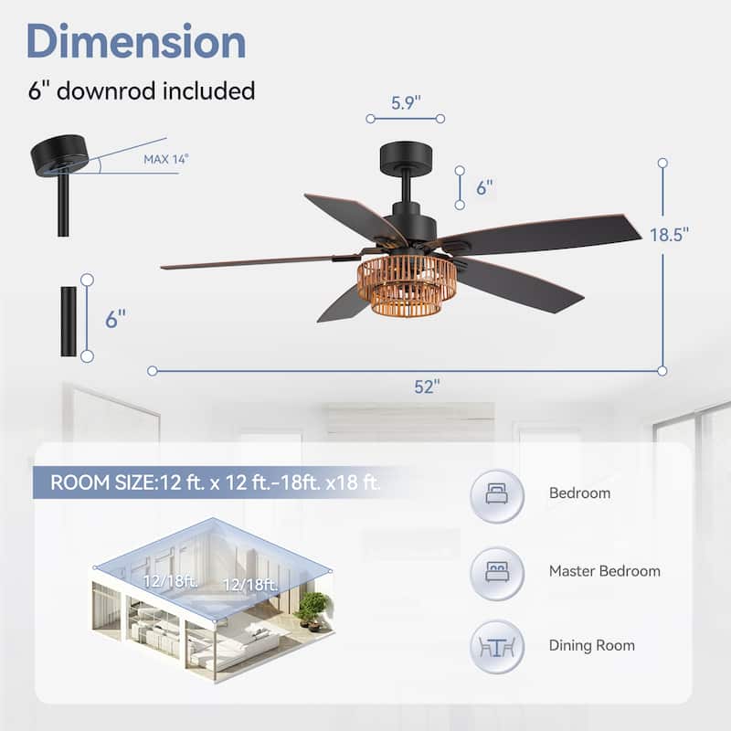 52" Farmhouse 5-Blade Ceiling Fan with Light and Remote