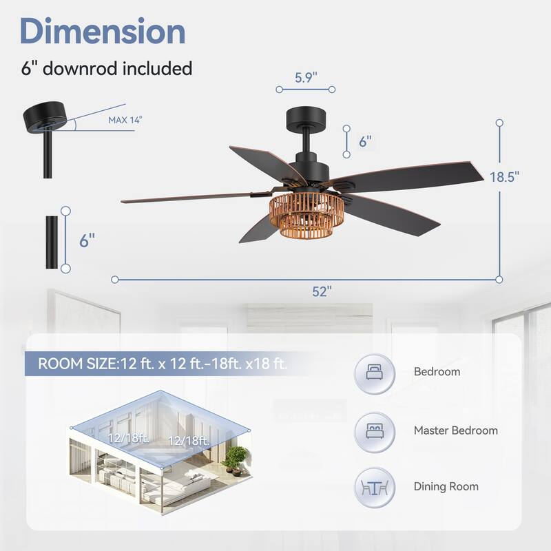 52-inch Farmhouse Ceiling Fan with Light and Remote(5 Reversible Blades）