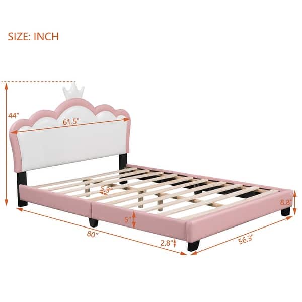 dimension image slide 0 of 4, Twin Upholstered Platform Bed with Crown-Shaped Headboard, Pink & White Princess Design, Sturdy PU Leather Frame