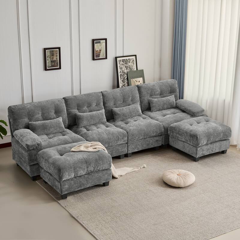 GDFStudio - 4-Seater Adjustable Backrest 119" Chenille Sofa with 2 Ottomans and 4 Throw Pillows - Grey