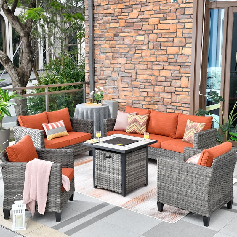 OVIOS 5-piece Patio Loveseat Wicker Set with 30" Fire Pit