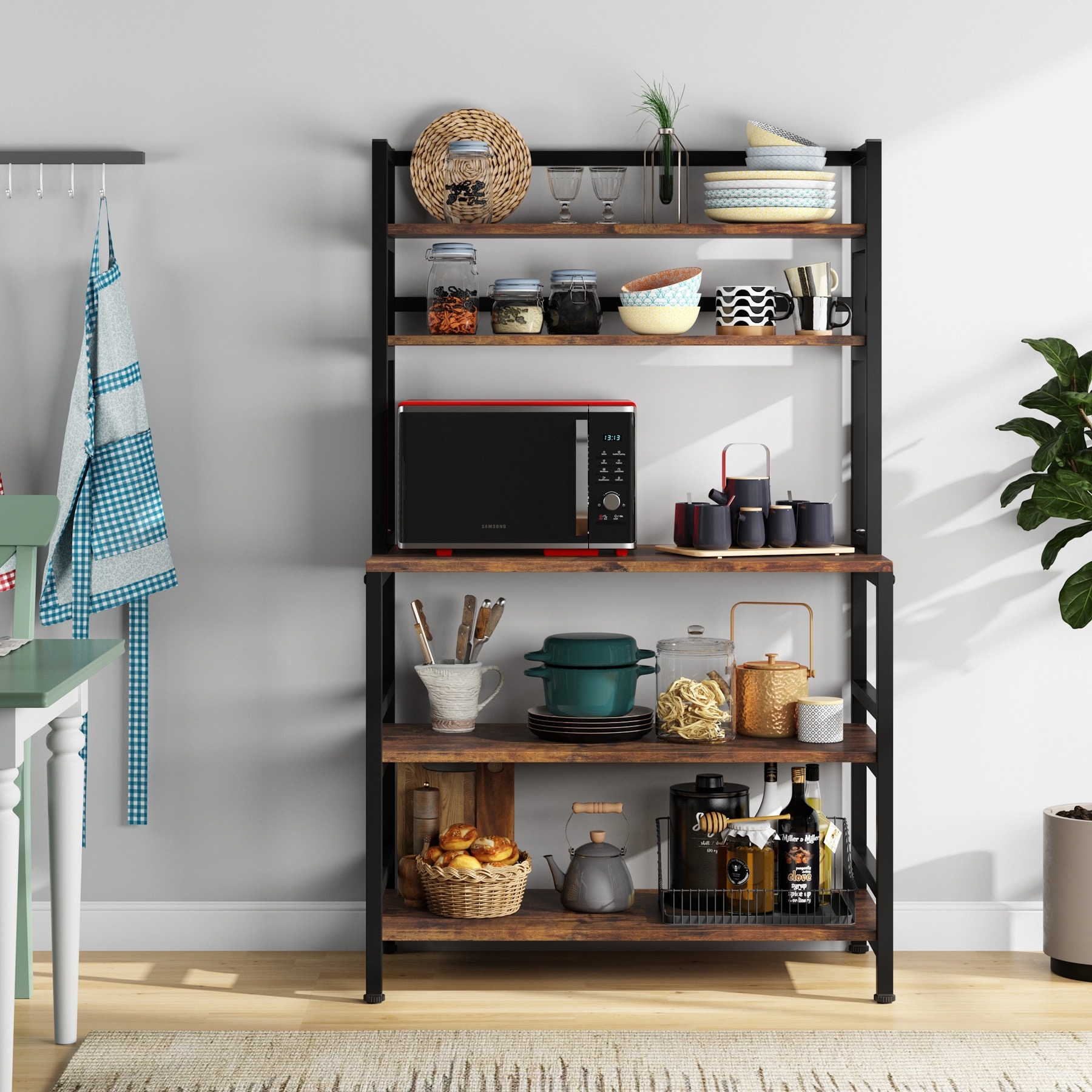 80x40x170cm Wood and Metal Frame Rustic Brown Microwave Oven Stand Utility Home Office Rack HOMECHO 5-Tier Kitchen Bakers Rack Tall Storage Shelf with Hutch Easy Assembly 