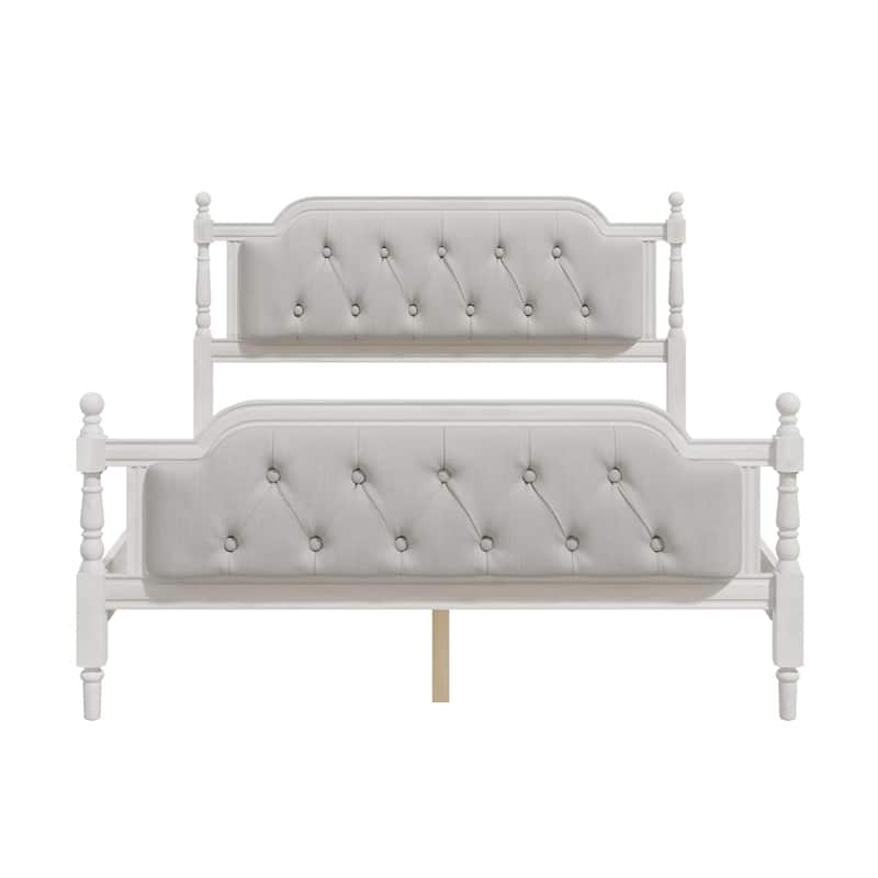 Linen Fabric Upholstered Tufted Headboard Wood Bed Frame