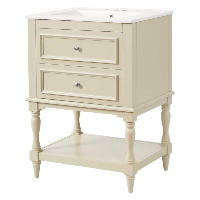 Retro Small Bathroom Vanity with Open Shelf, Ceramic Sink Cabinet