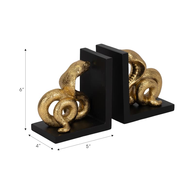 Sagebrook Home Elegant 6-Inch Polyresin Snake Bookends in Striking Gold and Black - 5" x 4" x 6"