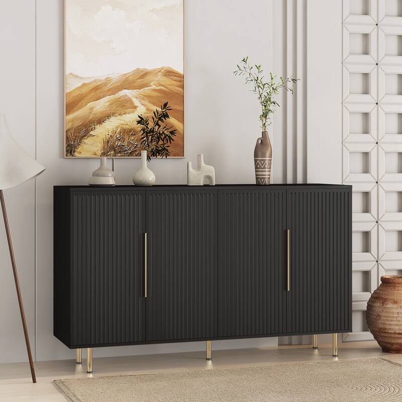 Anmytek Black Fluted Modern Buffet Cabinet Large Storage Sideboard with Adjustable Shelves Accent Console Table