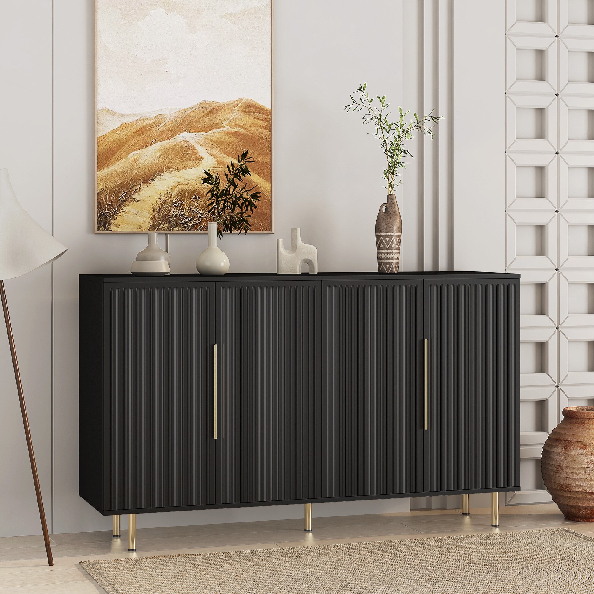 Black Modern Buffet Cabinet with Storage Fluted Sideboard Large Buffet with Adjustable Shelves Credenza Accent Cabinet
