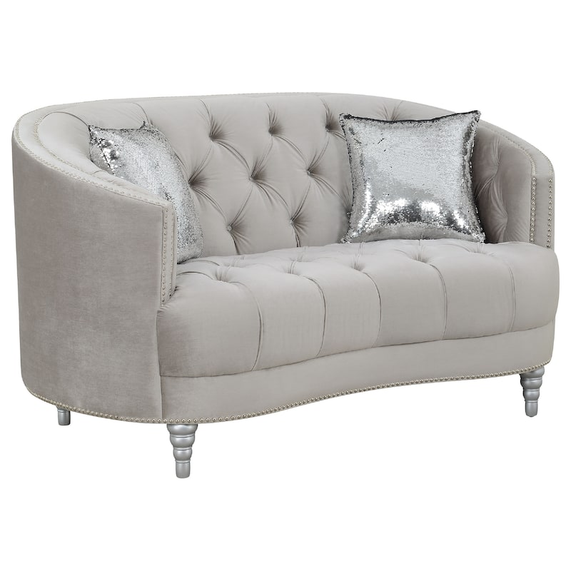 Tiffy 2pc Sofa Loveseat Set, C Shaped Gray Rhinestone Tufted Velvet