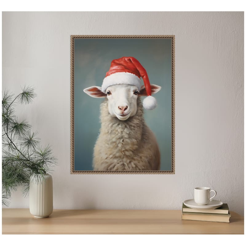 Kate and Laurel Sylvie Beaded Sweet Sheep Santa Hat Framed Canvas by The Creative Bunch Studio