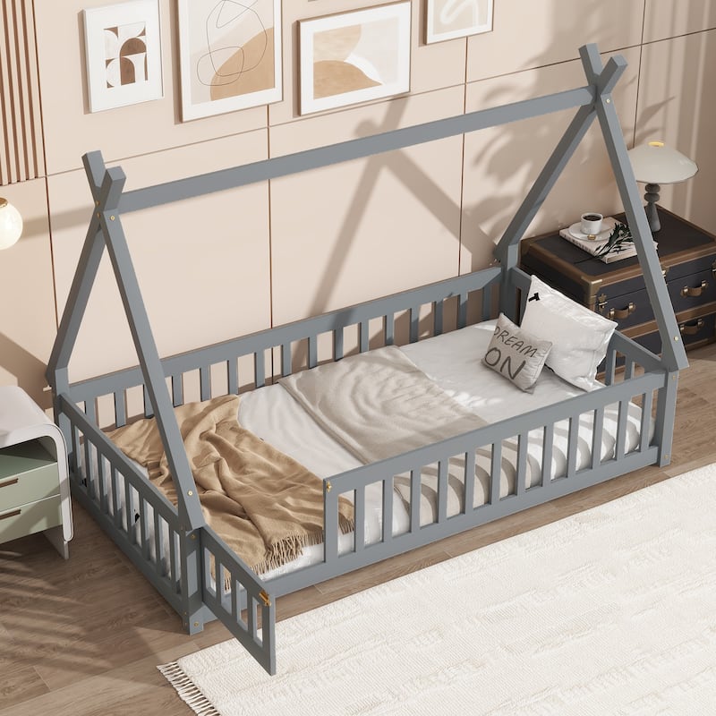 Roomfitters Twin/Full Tent-Shaped Floor Bed with Teepee Frame, Rubber Wood Platform with Guardrails, Slats and Door