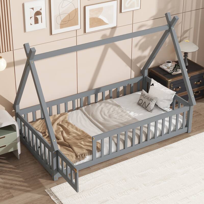 Tent-Shaped Floor Bed, Wooden Kids Teepee Bed with Fence and Door