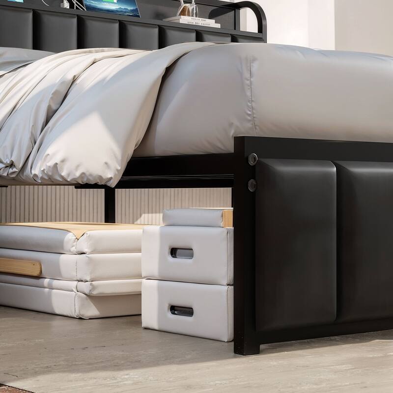 VECELO Upholstered Platform Bed Frame with Storage Headboard and Charging Station, Twin Full Queen Size