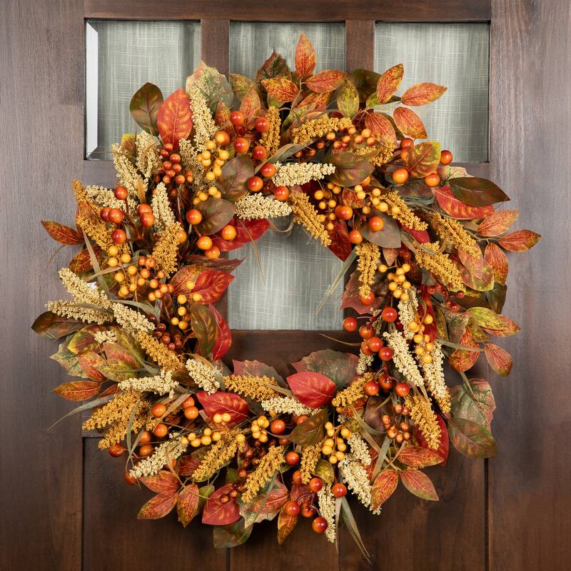 Autumn Leaves Grass Blades and Berries Artificial Fall Harvest Wreath - 24"
