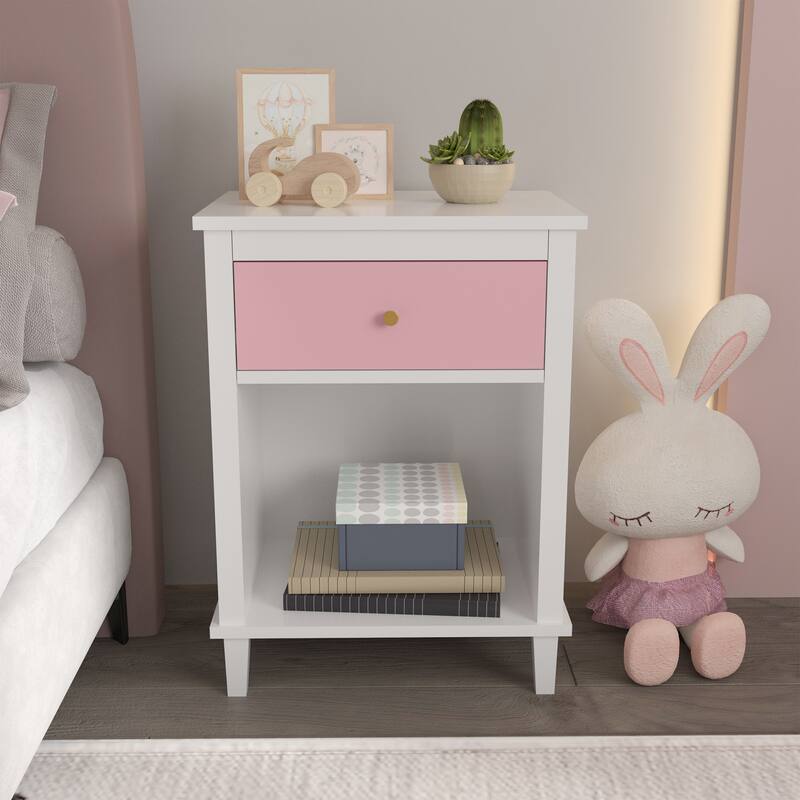 Wooden 2-Tier Kids Nightstand Small Side Table with Drawer and Open Shelf for Bedroom
