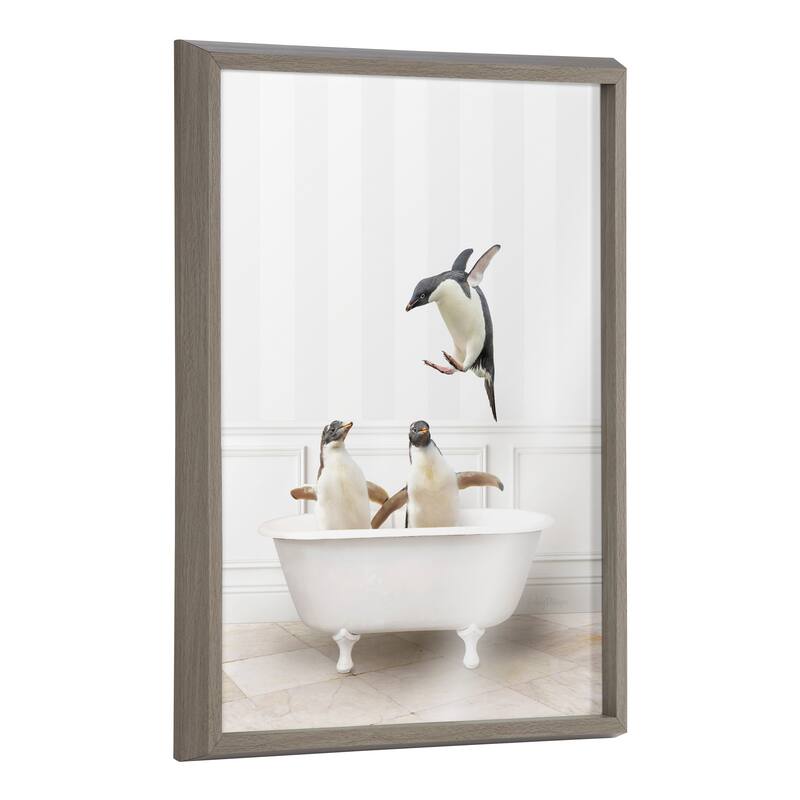 Kate and Laurel Blake Penguins Bathroom Printed Glass by Amy Peterson - 18x24 - Grey