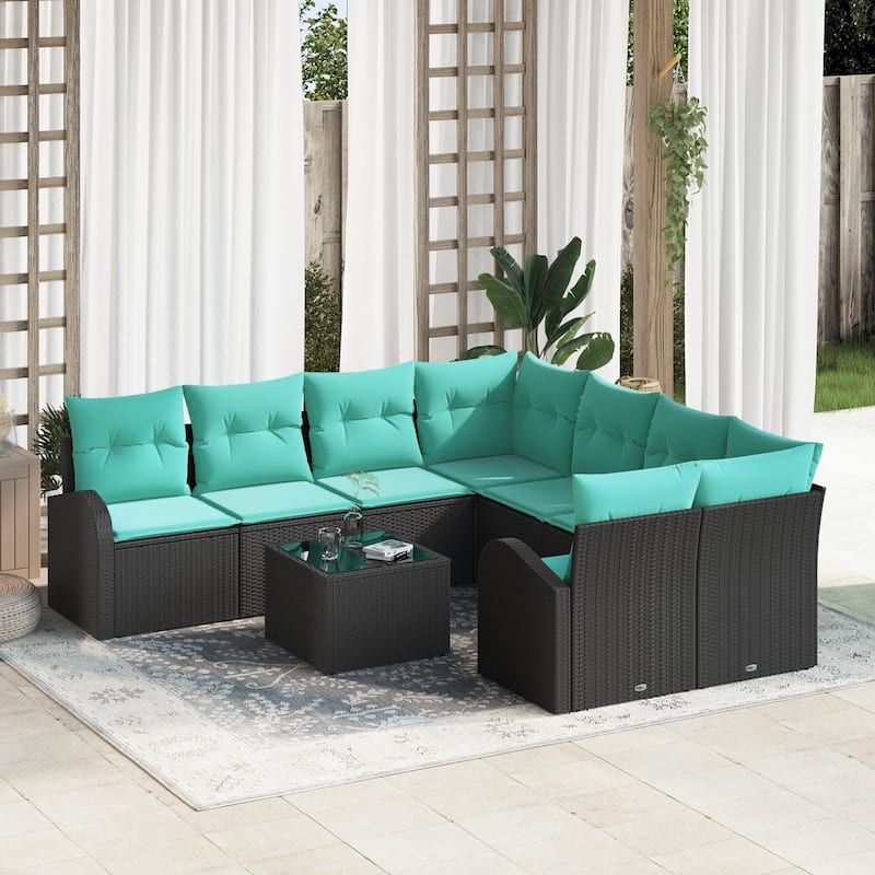 vidaXL 9 Garden Sofa Set with Cushions Black/Brown/Grey Poly Rattan - 92.1 x 92.1 x 27.2 - Black