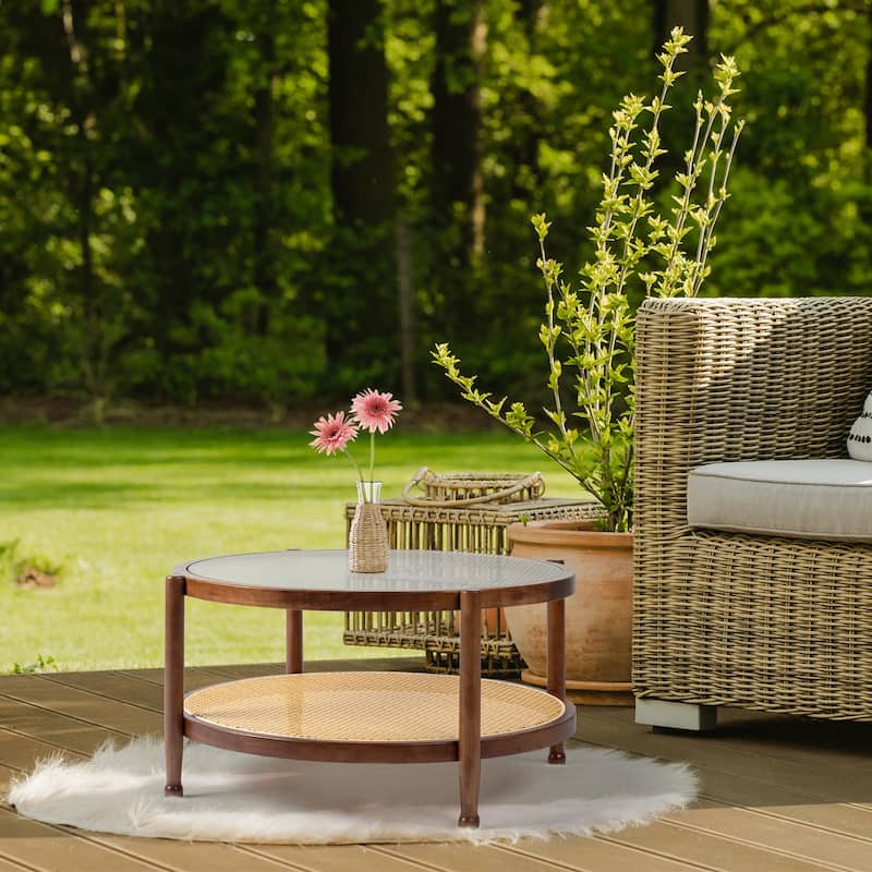 31.5in Rattan Coffee Table with Tempered Glass Top and Hand-Woven Shelf for Indoor Outdoor - 31.5” x 31.5” x 17.3”