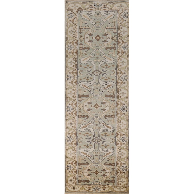 Green Oushak Oriental Runner Rug Handmade Floral Wool Carpet - 2'7"x 10'1"