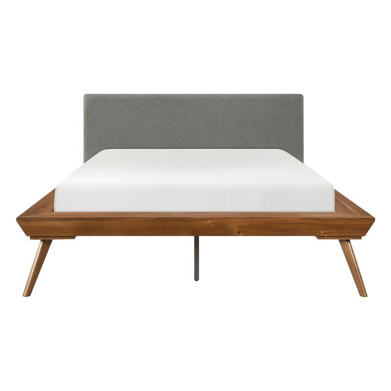 1pc Queen Platform Bed Upholstered Headboard Dark Gray Chestnut Finish Wooden Furniture