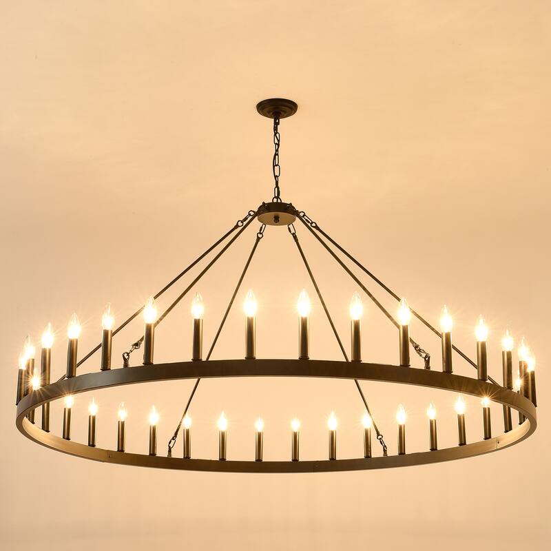 59.1INCH 36-Light Extra Large Wagon Wheel Chandelier, Black Farmhouse Round Wheel Chandelier Light E12