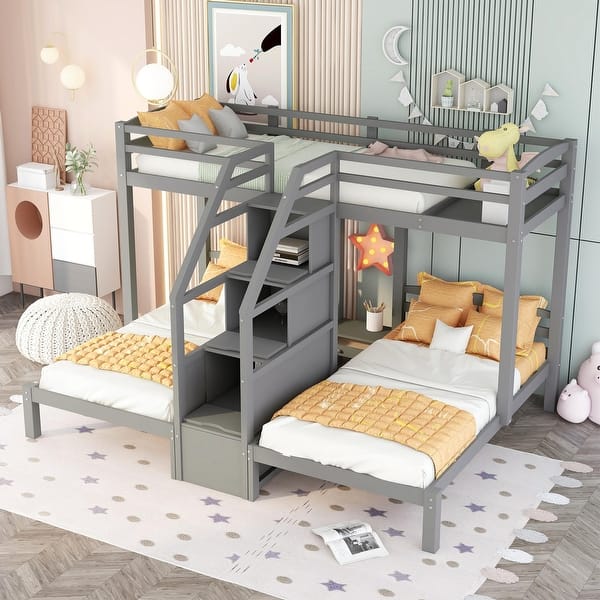 slide 2 of 16, Triple Twin Bunk Bed with Storage Board, Built-in Staircase & Drawers - Sturdy Pinewood Frame Gray
