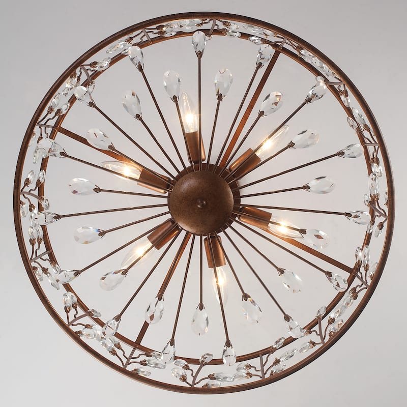 Rustic Antique Bronze Crystal Drum Chandelier for Dining Room - W23.62"