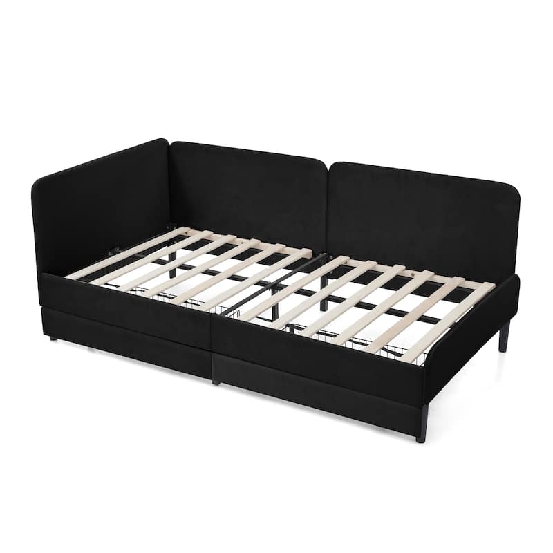 Roomfitters Twin/Full Upholstered Platform Bed with Side Backrest and Underbed Storage Trundle