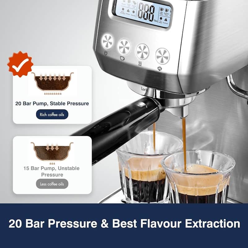AMZCHEF Espresso Machines 20 Bar, Espresso Maker with Milk Frother & LCD Panel,Compact Cappuccino Machines for Home Gifts